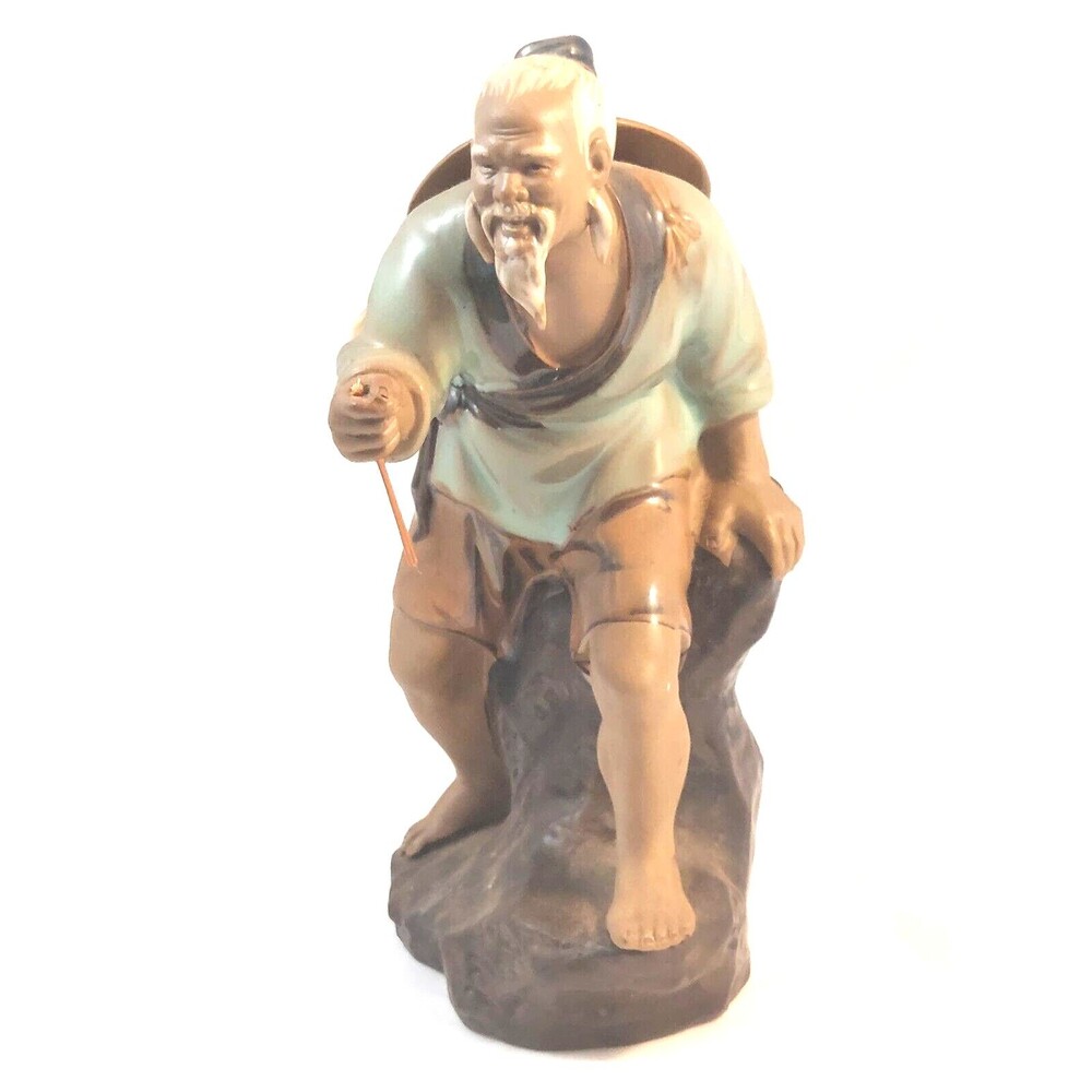 Vintage Chinese Shiwan Artistic Ceramic Mudman Fisherman Glazed Figurine 8" tall
